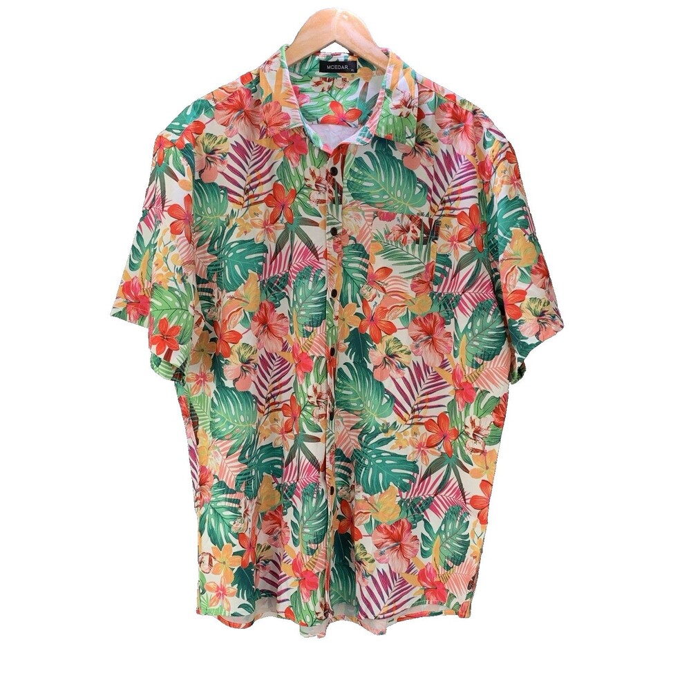 MCEDAR Colorful Hawaiian Button Up Shirt Size XL Hibiscus Tropical Resort Cruise